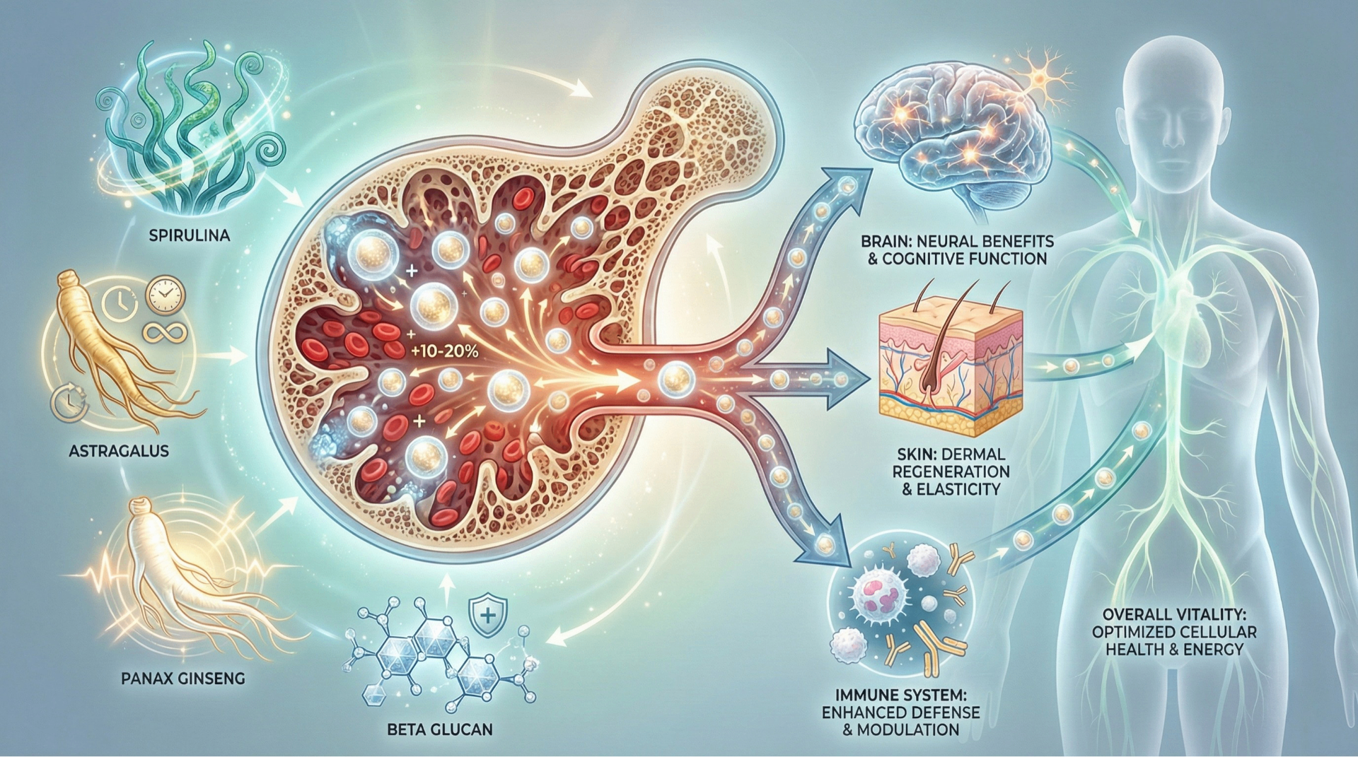Stem cell support infographic showing how Spirulina, Astragalus, Panax Ginseng, and Beta Glucan boost stem cell production for brain, skin, immune, and overall vitality benefits