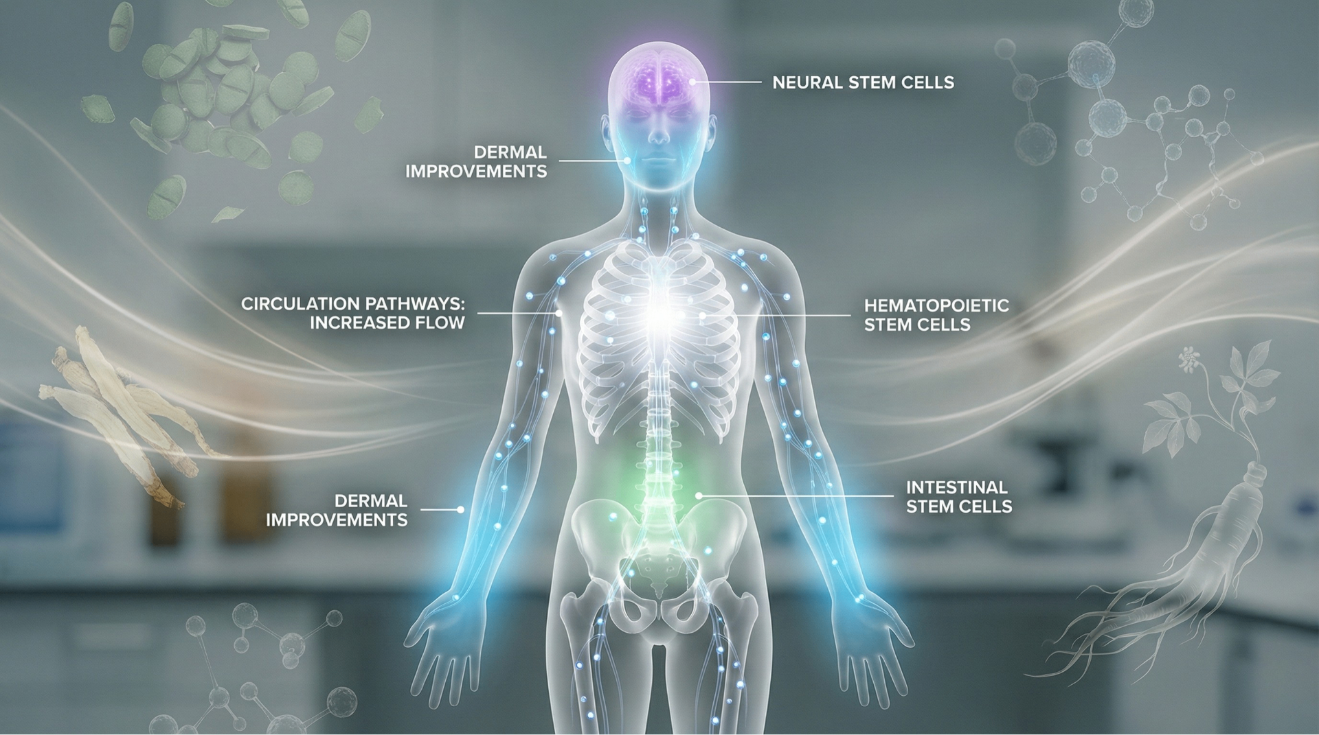 Human body diagram showing stem cell pathways and dermal improvements