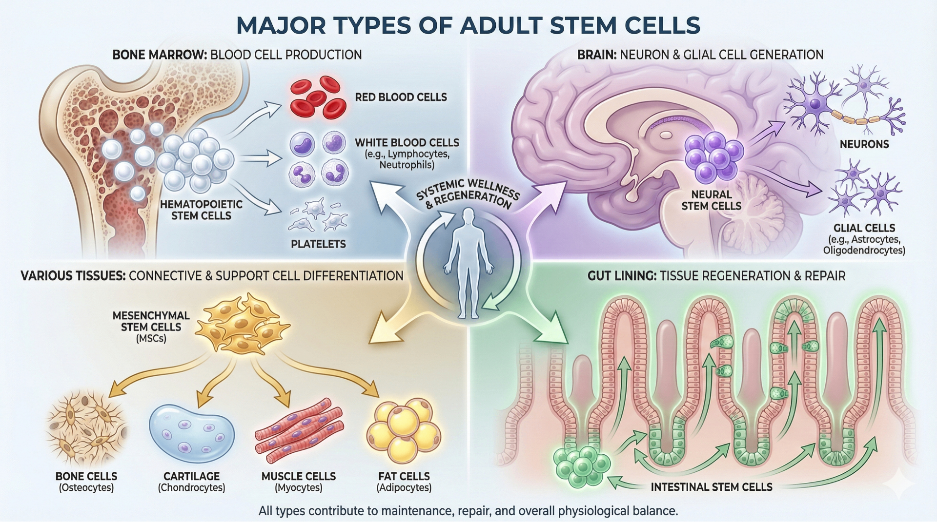 Major types of adult stem cells infographic showing Hematopoietic, Neural, Mesenchymal, and Intestinal stem cells and their functions