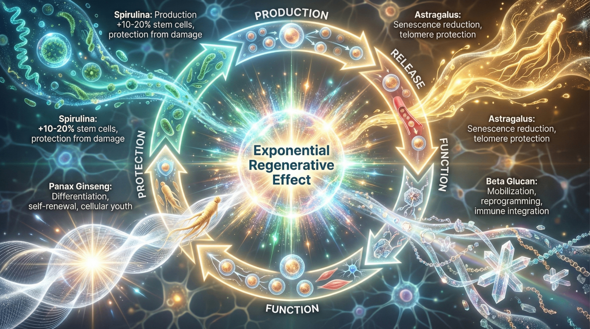 Exponential regenerative effect infographic showing how Spirulina, Astragalus, Panax Ginseng, and Beta Glucan create a synergistic Production, Release, Function, and Protection cycle