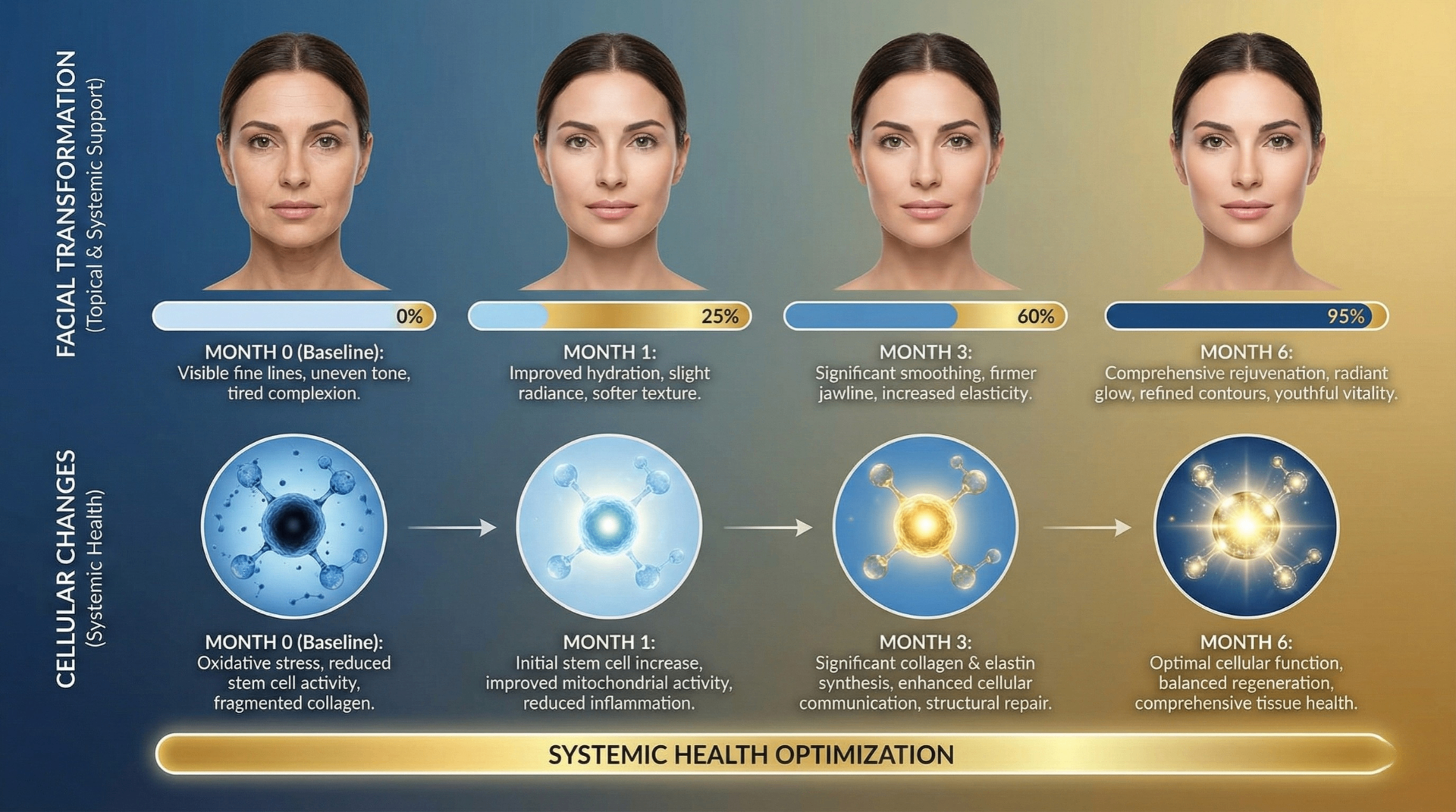 Month-by-month facial transformation timeline showing cellular rejuvenation progress from Month 0 through Month 6